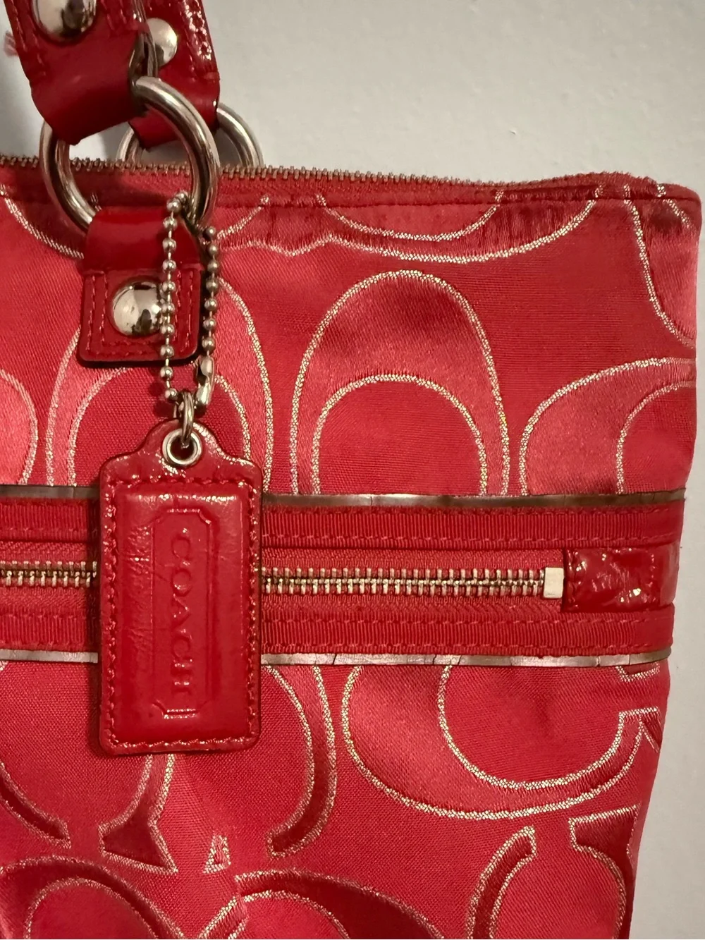 Coach Poppy Red Signature Shoulder Tote with silver tone Hardware!
